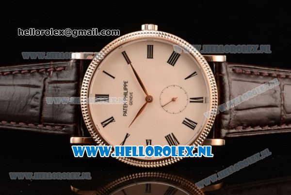 Patek Philippe Calatrava Small Seconds Miyota 9015 Automatic Rose Gold Case with Beige Dial Roman Numberal Markers and Brown Genuine Leather Strap (GF) - Click Image to Close
